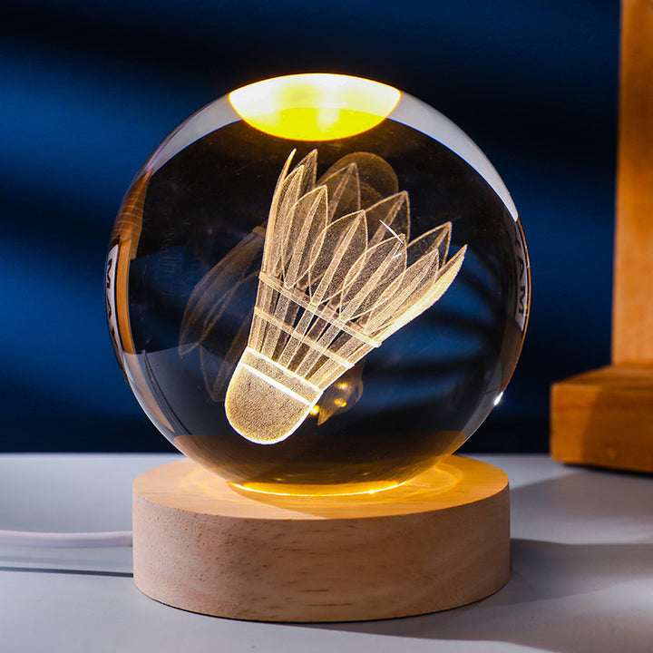 3D Laser Engraved Glowing Crystal Ball Ornament, Multi-Pattern Solid Wood Warm LED Base Night Light Gift