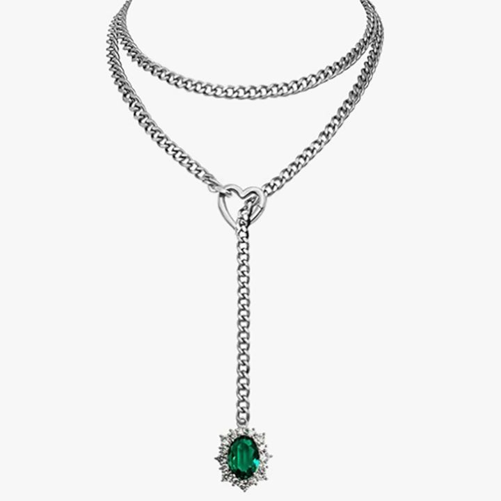 Double Layer Heart Clasp Colored Gem Y-Necklace