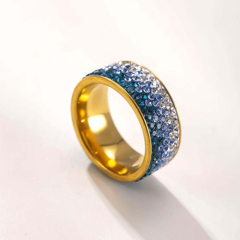 Multi-Row Paved Crystal Wide Titanium Steel Ring, Solid & Gradient Rhinestone Waterproof Band Gold Silver Black Couple Jewelry