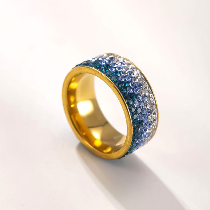 Multi-Row Paved Crystal Wide Titanium Steel Ring, Solid & Gradient Rhinestone Waterproof Band Gold Silver Black Couple Jewelry