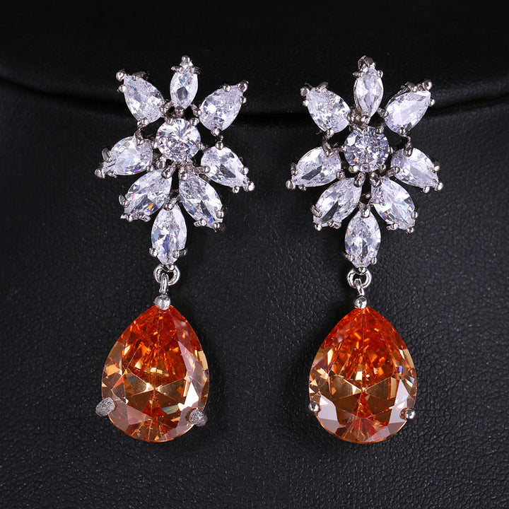 Snowflake Diamond Cluster Teardrop Drop S925 Silver Earrings, Multi-color Gem Long Evening Earrings