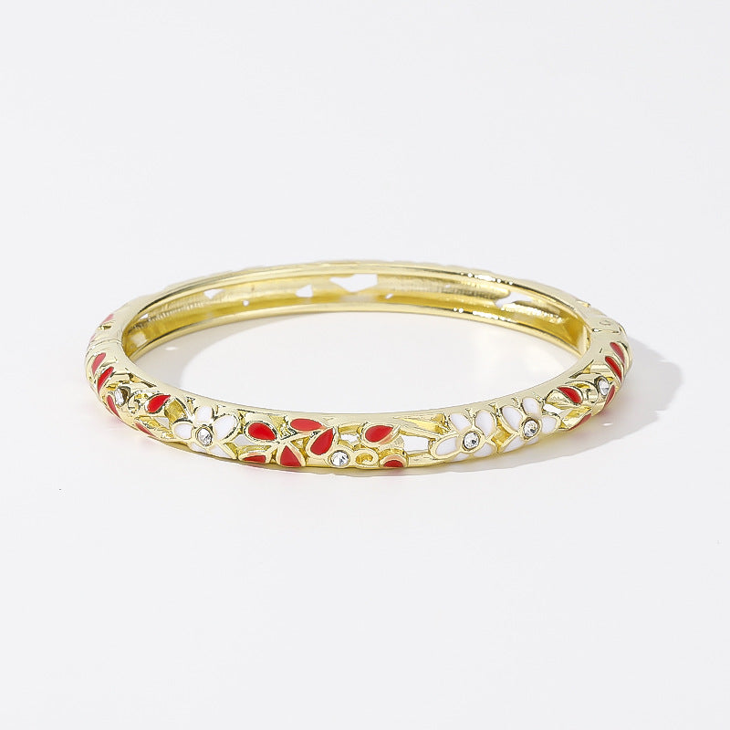 Hollow‑Out Enamel Floral Inlaid Diamond Spring‑Opening Bangle, Multi‑Color Options