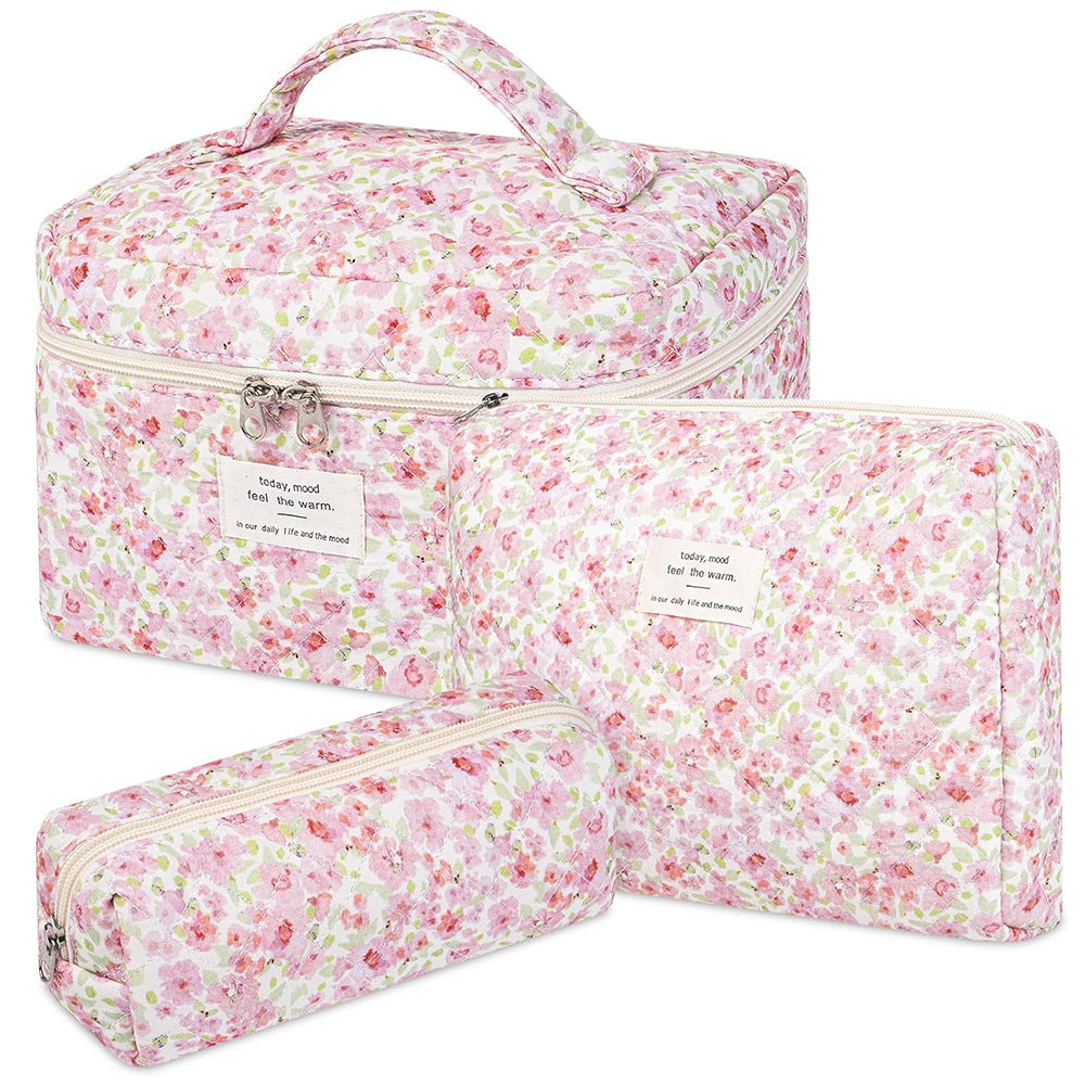 Floral Quilted 3-Piece Makeup Bag Set, Large Capacity Handheld Cosmetic Bag Portable Storage Pouch & Pencil Case Kit