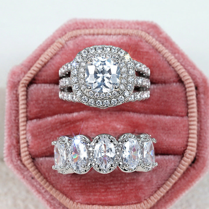 Luxury Two‑Piece Halo Ring Set, S925 Silver Multi‑Color Center Stone Women’s Engagement Ring Set in Gold & Silver Tone