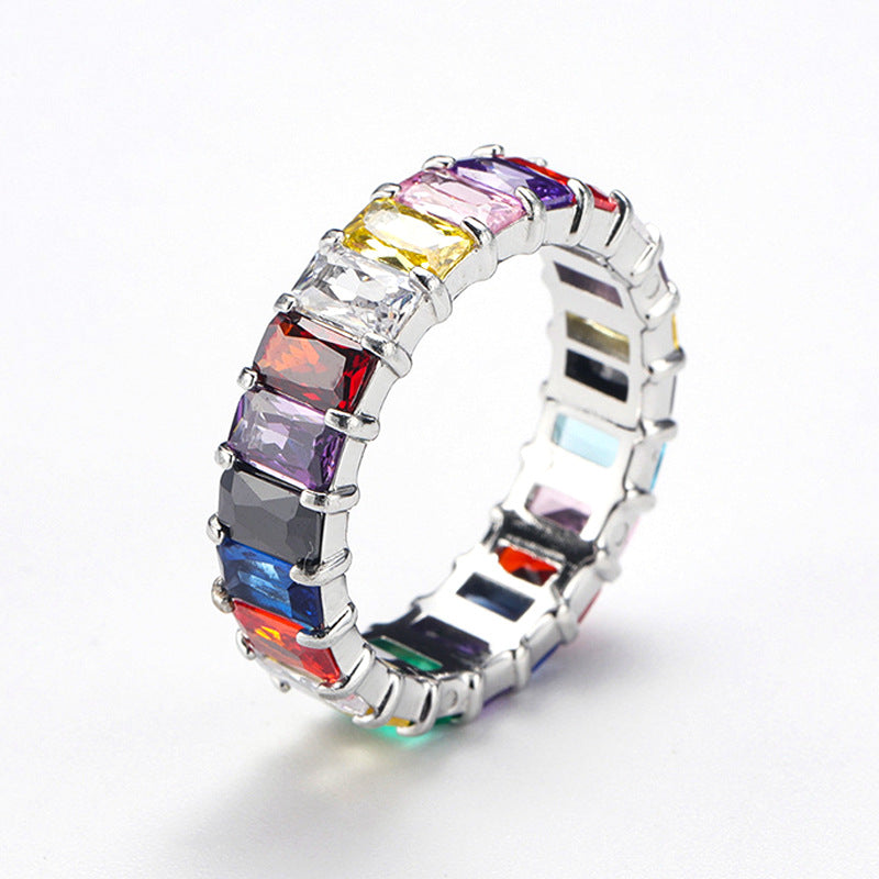 Multi-Color Baguette Diamond Full Eternity S925 Silver Ring