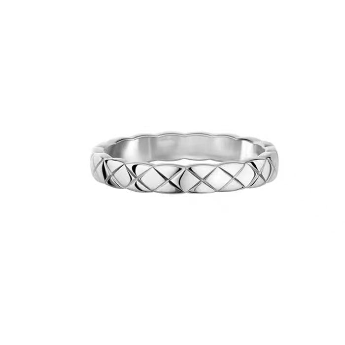 Classic Quilted Pattern Silver Ring, Plain & Paved Diamond Luxury Versatile Band Ring