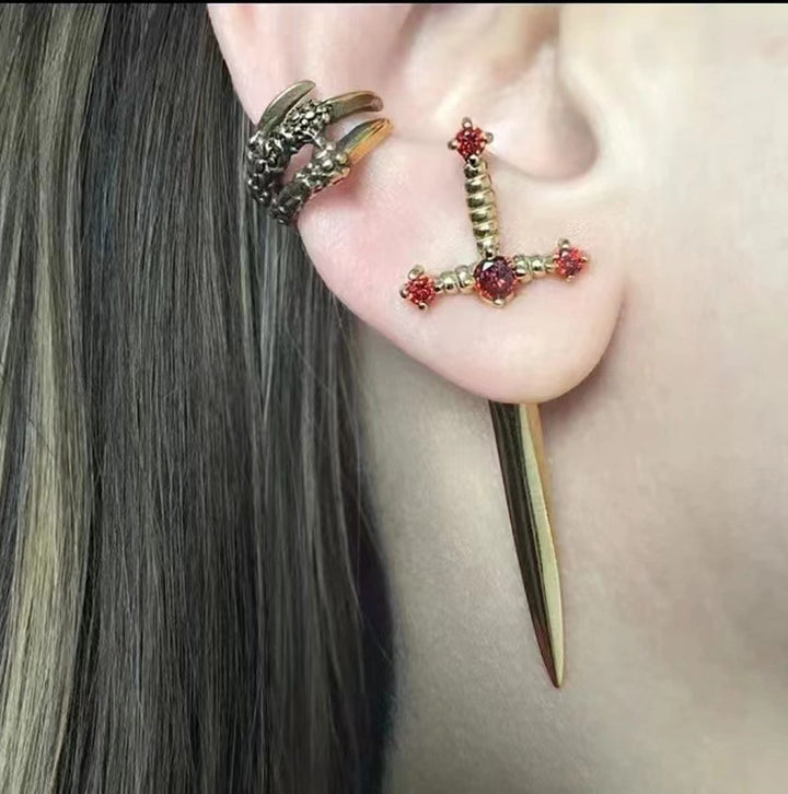Cross‑Sword Black Diamond Stud Earrings