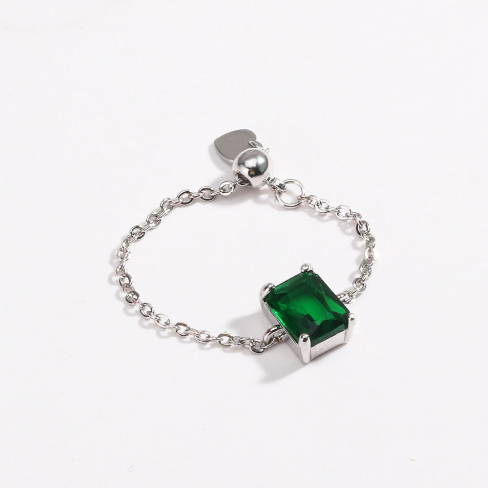 18K Gold Adjustable Chain Ring with Emerald-Cut Green Zircon