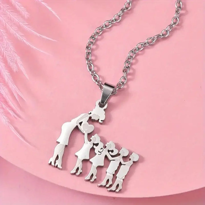 Mother & Kids Silhouette Pendant Necklace, 316L Titanium Steel Silver Plated Family Keepsake Necklace, Multiple Figures, Gold & Silver Family Jewelry