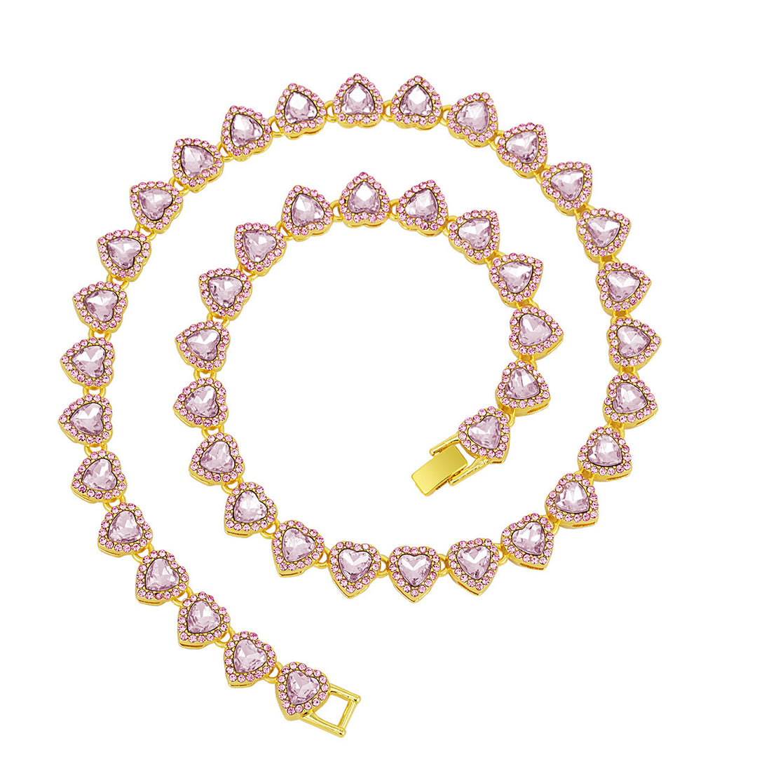 Full Paved Heart Chain Bracelet & Necklace Set, Sweet Style Dual-tone Heart Halo Diamond Matching Jewelry for Women & Couples