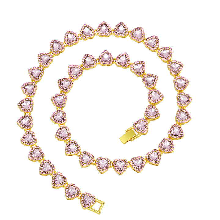 Full Paved Heart Chain Bracelet & Necklace Set, Sweet Style Dual-tone Heart Halo Diamond Matching Jewelry for Women & Couples