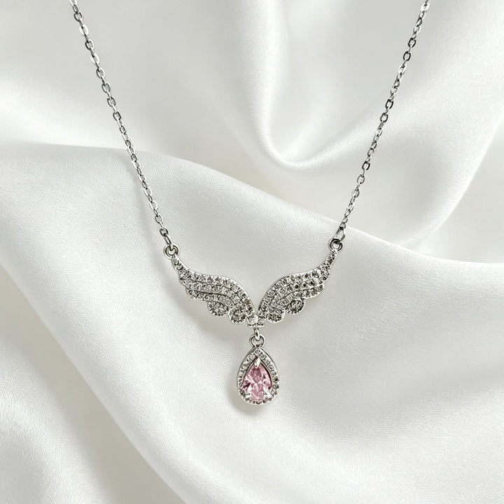 Angel Wing Teardrop Diamond Collarbone Necklace, Multiple Wing Styles Pink & White Diamond 14K Gold Plated Dainty Ladies Necklace