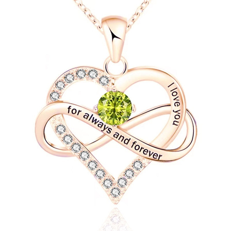 Infinity Intertwined Heart Engraved Birthstone Necklace, Eternal Love Heart Pendant Clavicle Chain with Birthstone