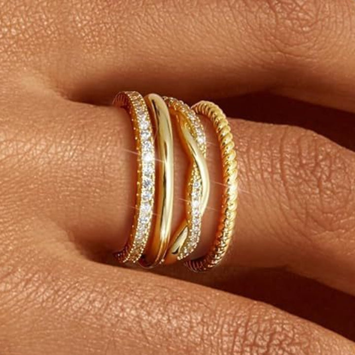 4Pcs Stackable Thin Band S925 Silver Ring Set, Twisted Rope & Paved Diamond Stacking Rings, Gold & Silver Tone
