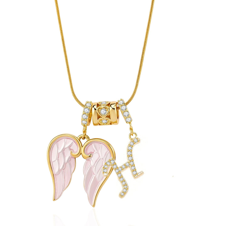 Pink Enamel Angel Wing Initial Necklace, Custom 26 Letters Gold Plated Diamond Pendant