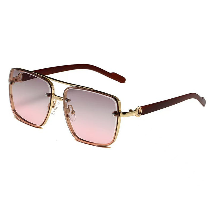 Vintage Double Rim Half-Rim Wood Grain Metal Aviator Sunglasses, Multi Gradient Lens Outdoor Shades