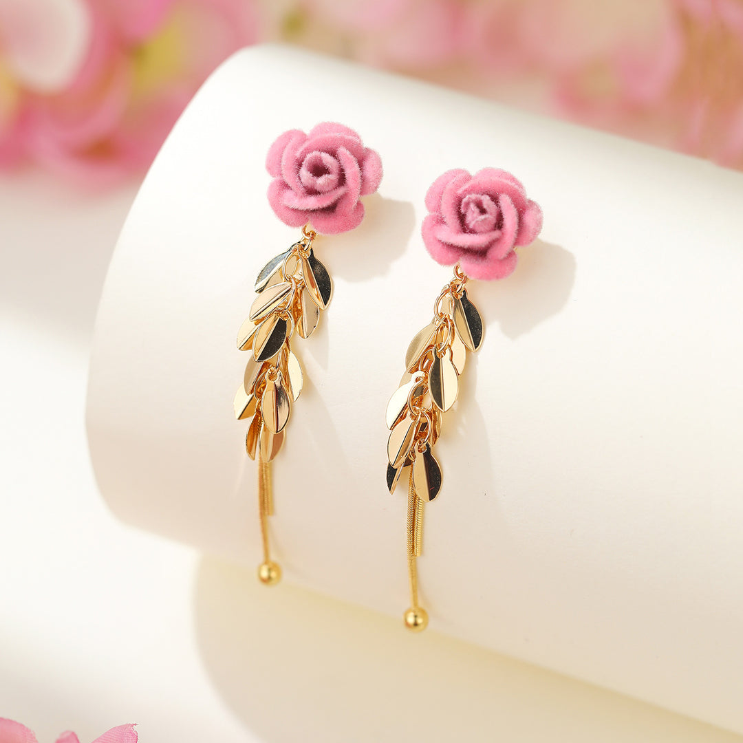 Flocking Rose Pearl Hook Earrings, Gentle Red & Pink Rose Diamond Long Dangle Earrings, Two Colors Available