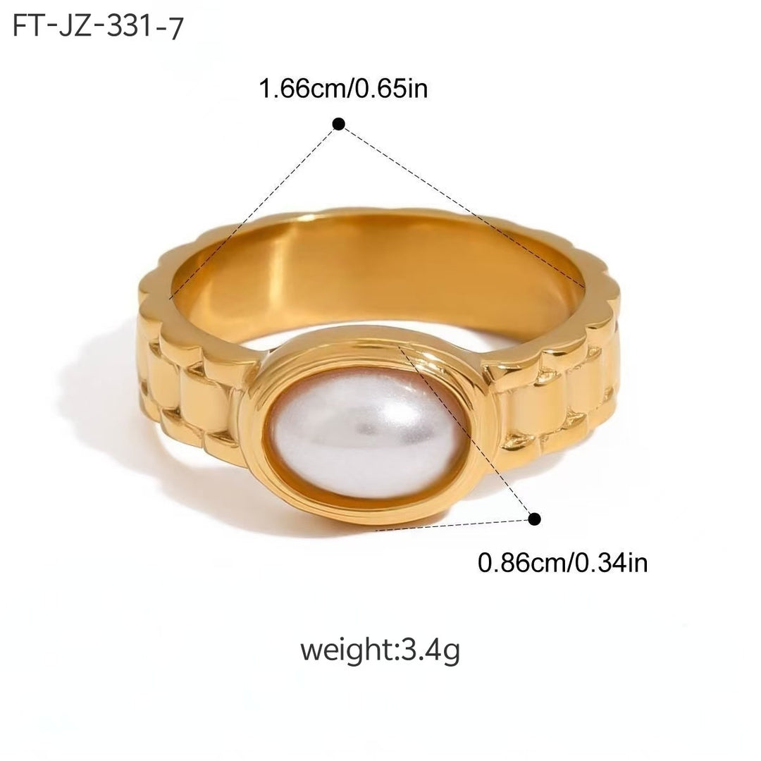 Chain Scalloped Oval Pearl Gold Plated Ring, Vintage Light Luxury Titanium Steel Statement Band