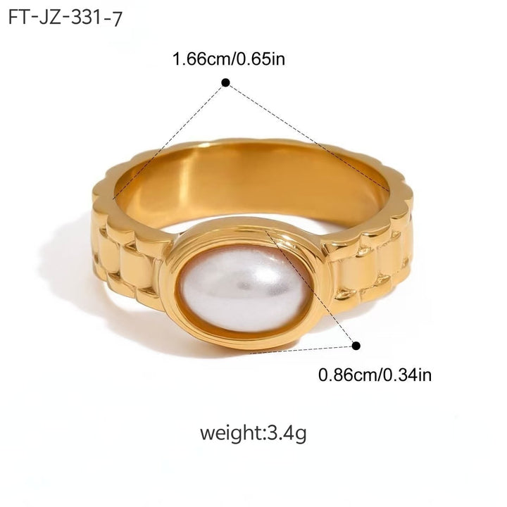 Chain Scalloped Oval Pearl Gold Plated Ring, Vintage Light Luxury Titanium Steel Statement Band