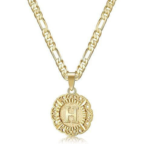 Vintage Lace Round 26 Letter Figaro Necklace, 14K Gold Plated Personal Initial Pendant Clavicle Chain
