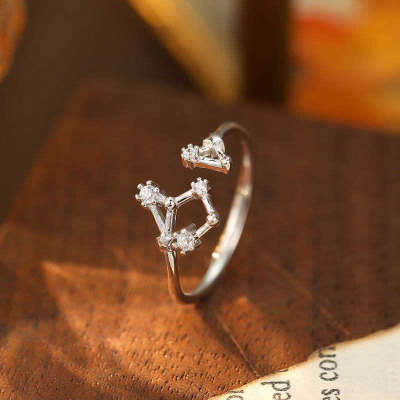 925 Silver Diamond-Inlaid 12 Constellations Open Adjustable Ring (Unisex Luxury Personalized Style)