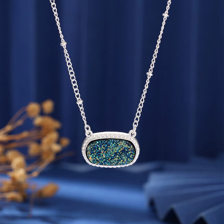 Rectangular Druzy Crystal Pendant Necklace, 14K Gold & Silver Dainty Satellite Chain, Sparkly Crushed Crystal Trendy Necklace, Multiple Colors Available