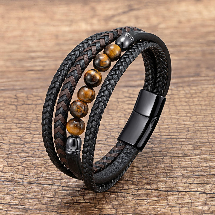 Natural Stone Beaded Braided Leather Men's Bracelet (Multi-Color Magnetic Clasp Wristband)