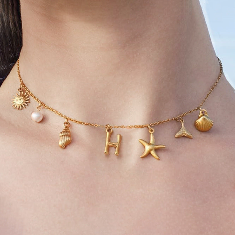 Ocean Vacation Multi-Charm Initial Choker, Starfish Shell Mermaid Tail Sun Pearl Custom Letter Thin Necklace for Women