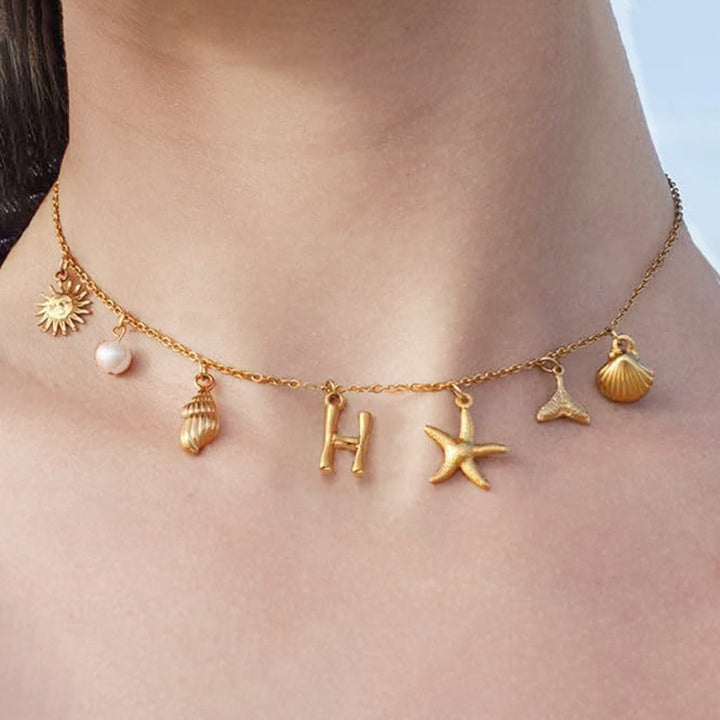 Ocean Vacation Multi-Charm Initial Choker, Starfish Shell Mermaid Tail Sun Pearl Custom Letter Thin Necklace for Women