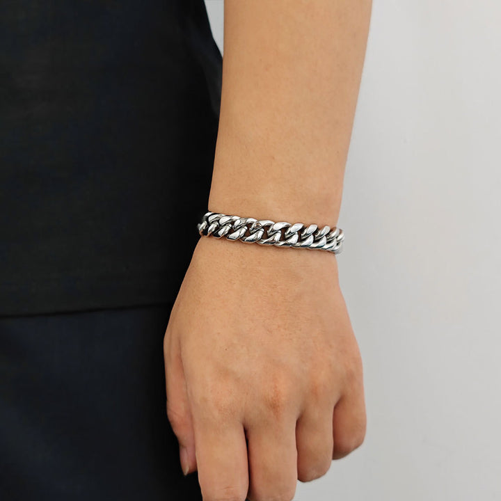 Wide Cuban Titanium Steel Bracelet, Gold Thick Chain Engraved Clasp Hip-Hop Tarnish Resistant Stylish Wristband