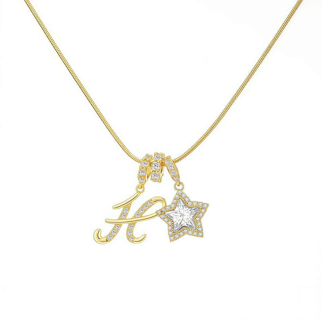 Script Initial Pave Star Dual Charm Snake Chain Necklace, Gold & Silver Custom Letter Choker