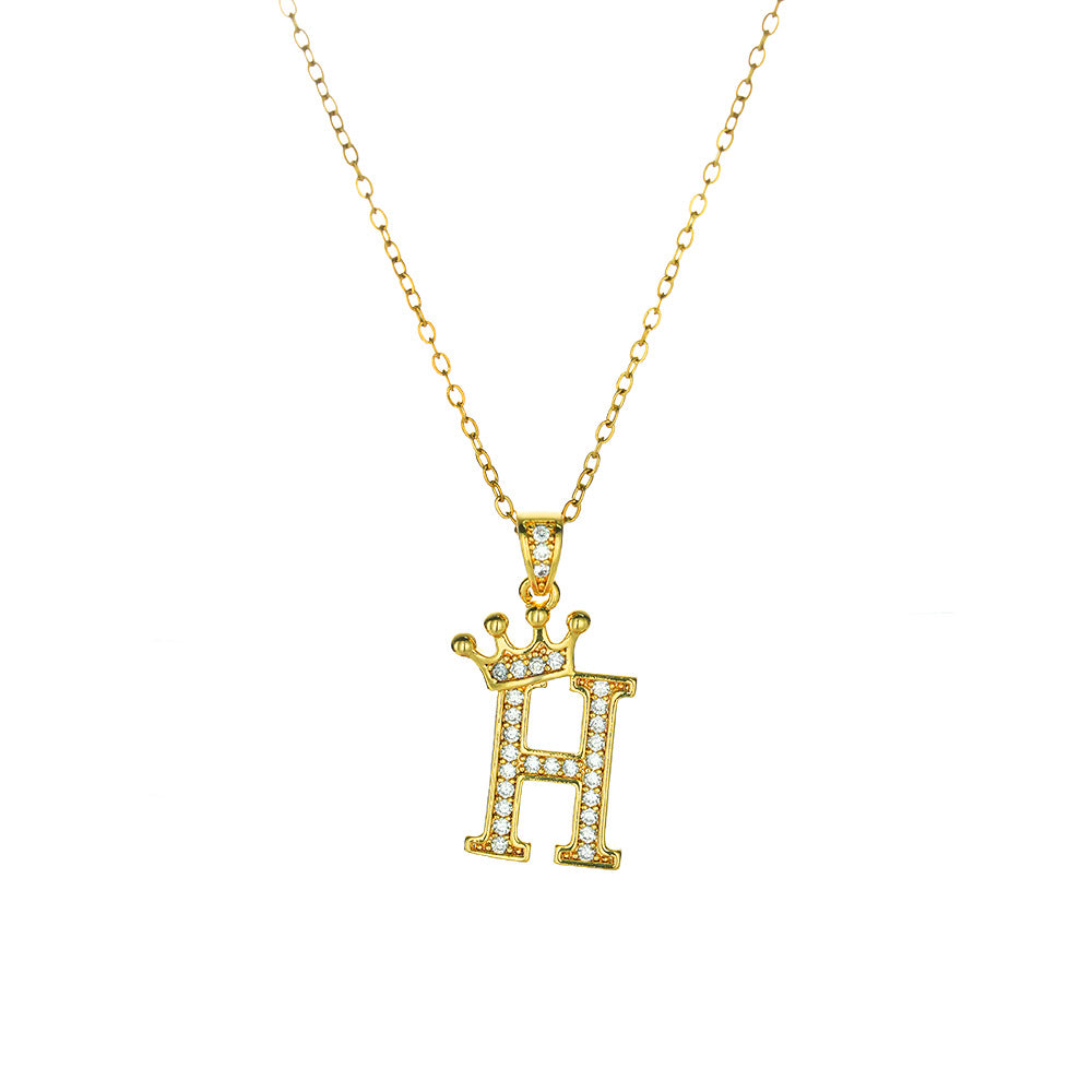 Crown Paved Diamond Initial Letter Necklace, 14K Gold Plated Personalized Dainty Chain, A-Z Available