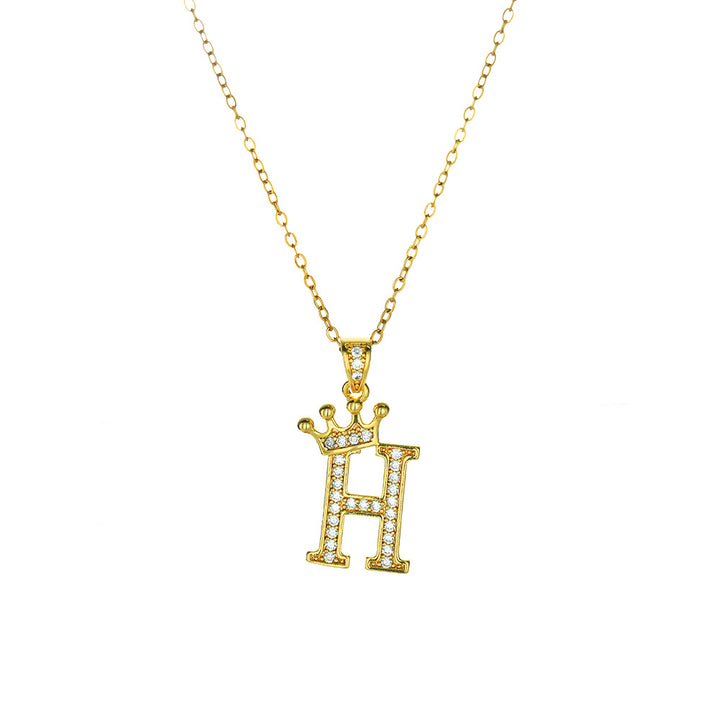 Crown Paved Diamond Initial Letter Necklace, 14K Gold Plated Personalized Dainty Chain, A-Z Available