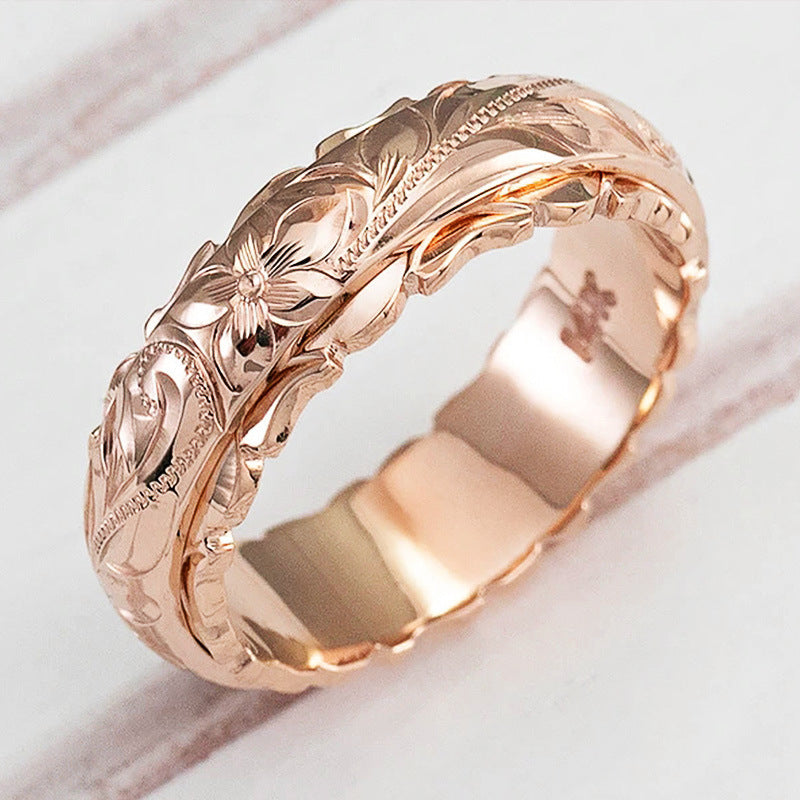 Hawaiian Engraved Floral Gold Band Ring (Vintage Court Style Wide Ring)