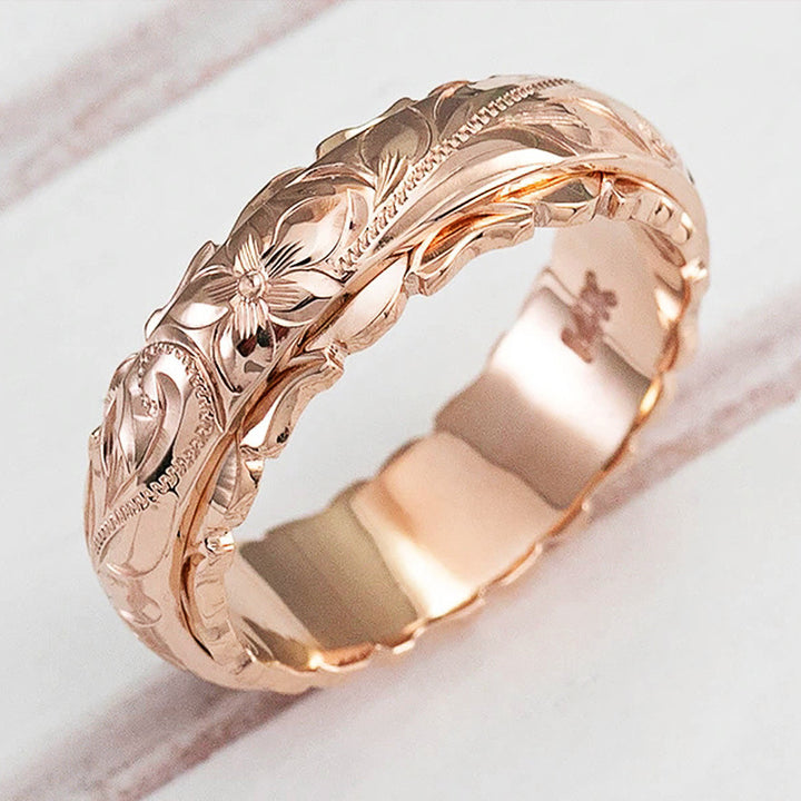 Hawaiian Engraved Floral Gold Band Ring (Vintage Court Style Wide Ring)