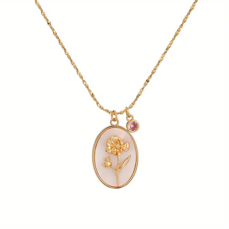 Mother-of-Pearl Carnation Birthstone Necklace (Gentle Gold Tone Pendant)