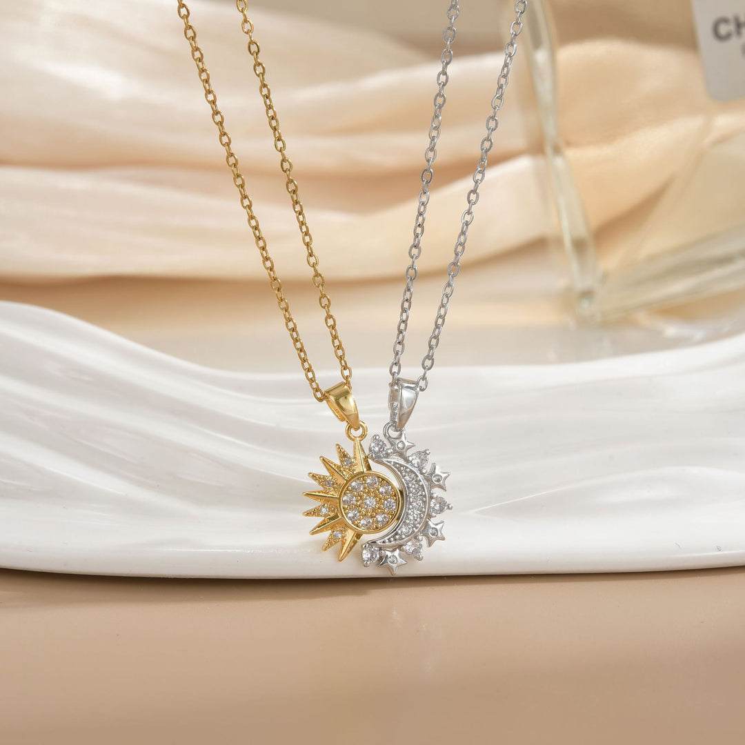 Detachable Sun & Moon Couple Necklaces, Multi-Color Paved Diamond Split Star Moon Pendant Dainty Clavicle Necklace