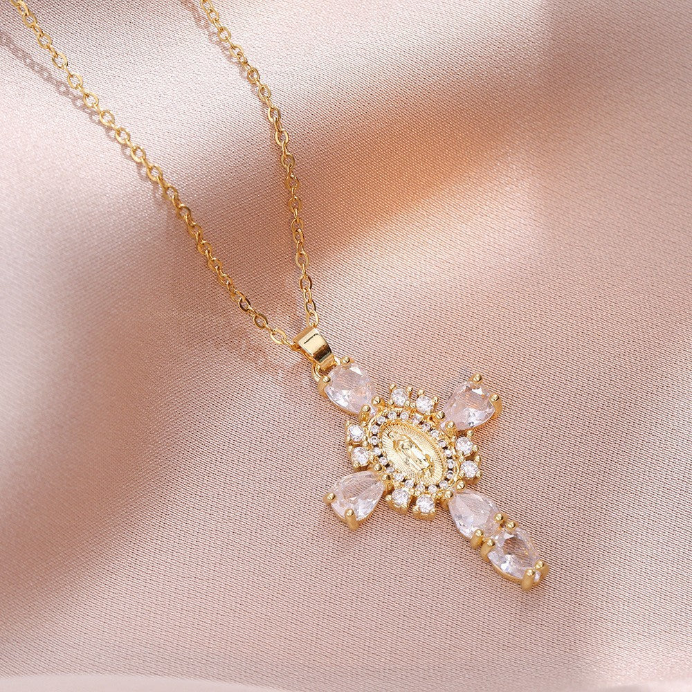 Virgin Mary Embossed Pink Teardrop Diamond Cross Necklace, S925 Sterling Silver Vintage Baroque Collarbone Chain, Gold & Silver Two-Tone Jewelry