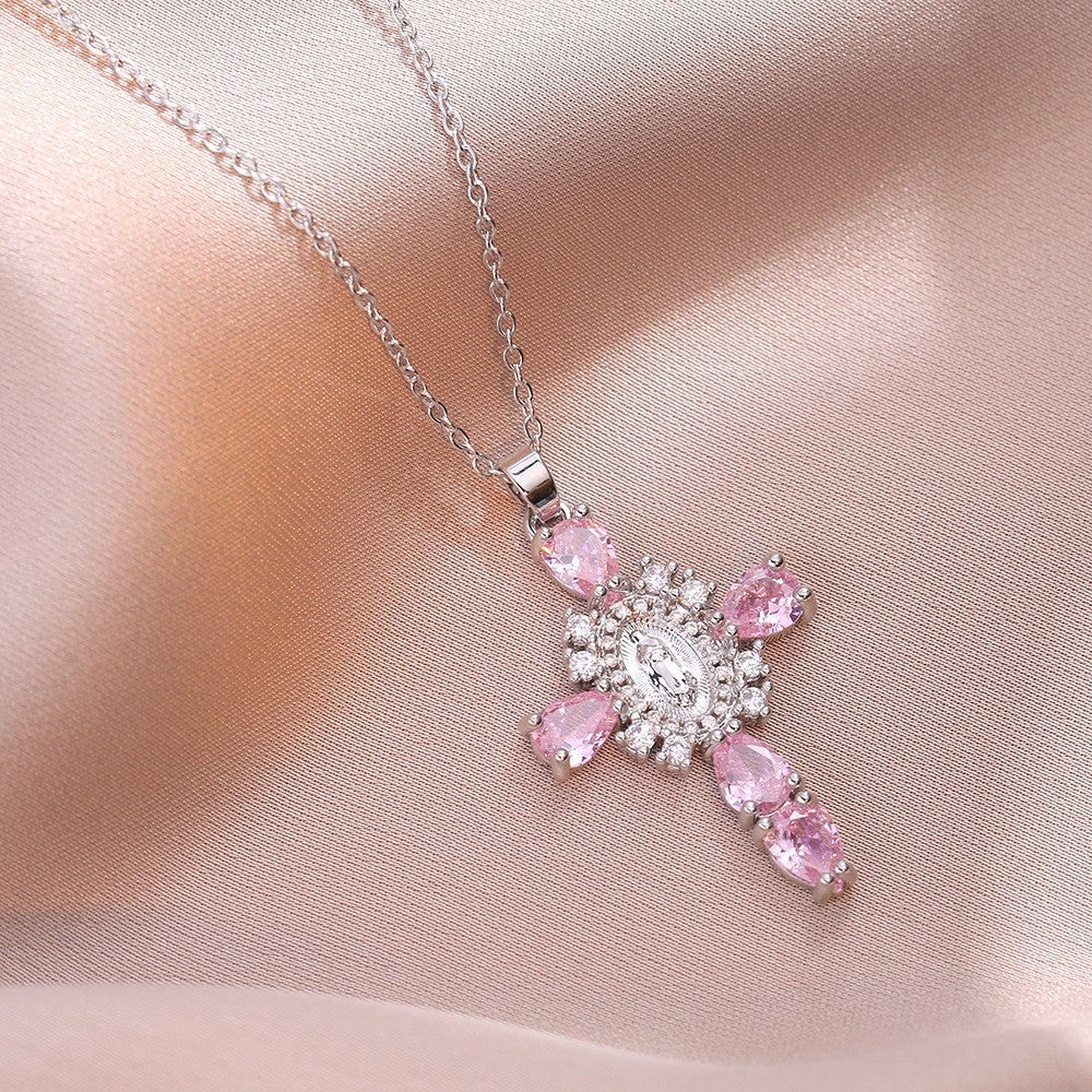 Virgin Mary Embossed Pink Teardrop Diamond Cross Necklace, S925 Sterling Silver Vintage Baroque Collarbone Chain, Gold & Silver Two-Tone Jewelry