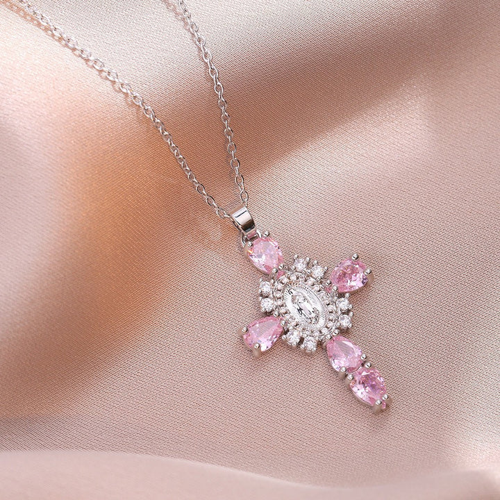 Virgin Mary Embossed Pink Teardrop Diamond Cross Necklace, S925 Sterling Silver Vintage Baroque Collarbone Chain, Gold & Silver Two-Tone Jewelry