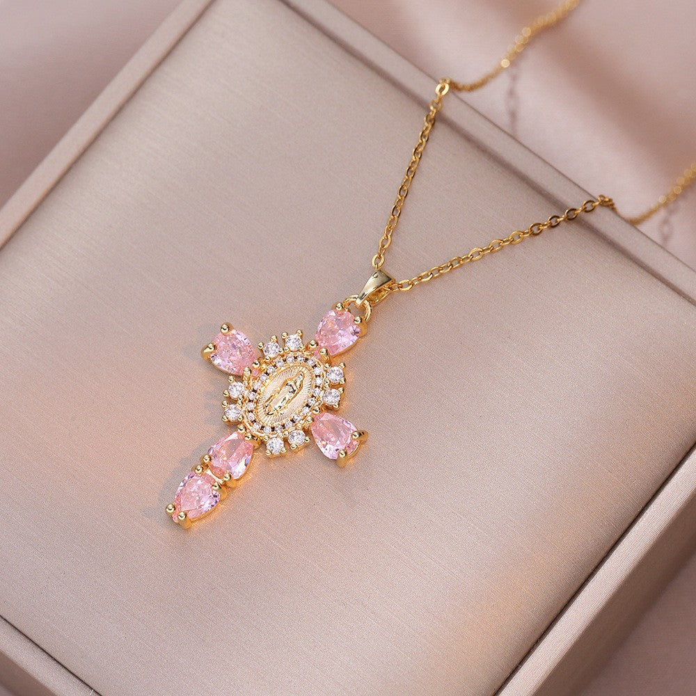 Virgin Mary Embossed Pink Teardrop Diamond Cross Necklace, S925 Sterling Silver Vintage Baroque Collarbone Chain, Gold & Silver Two-Tone Jewelry