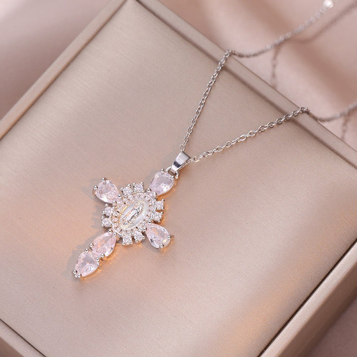 Virgin Mary Embossed Pink Teardrop Diamond Cross Necklace, S925 Sterling Silver Vintage Baroque Collarbone Chain, Gold & Silver Two-Tone Jewelry
