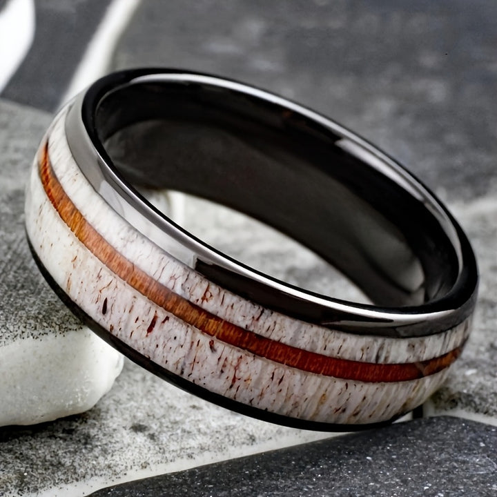 Tungsten Ring with Wood, Antler & Abalone Shell Inlay, Multiple Styles for Men