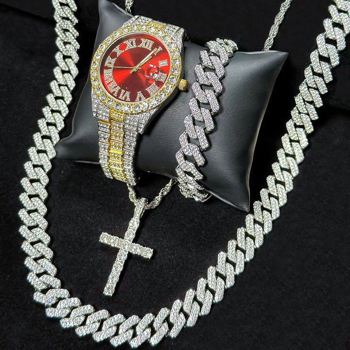 Men's Iced Out Jewelry 4-Piece Set, Hip Hop Diamond Watch with Calendar + Cuban Bracelet + Cross Pendant Necklace Gift Set