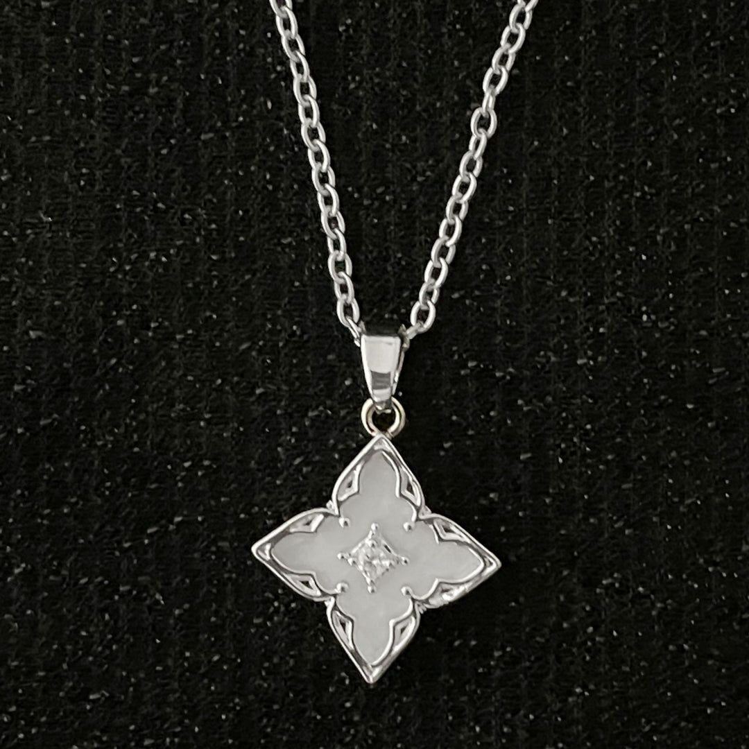 Vintage Four-Leaf Clover Gemstone Necklace, S925 Sterling Silver Multi-Stone Rhombus Pendant Jewelry