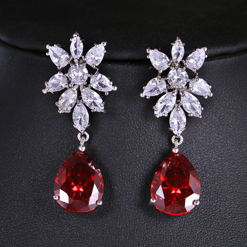 Snowflake Diamond Cluster Teardrop Drop S925 Silver Earrings, Multi-color Gem Long Evening Earrings