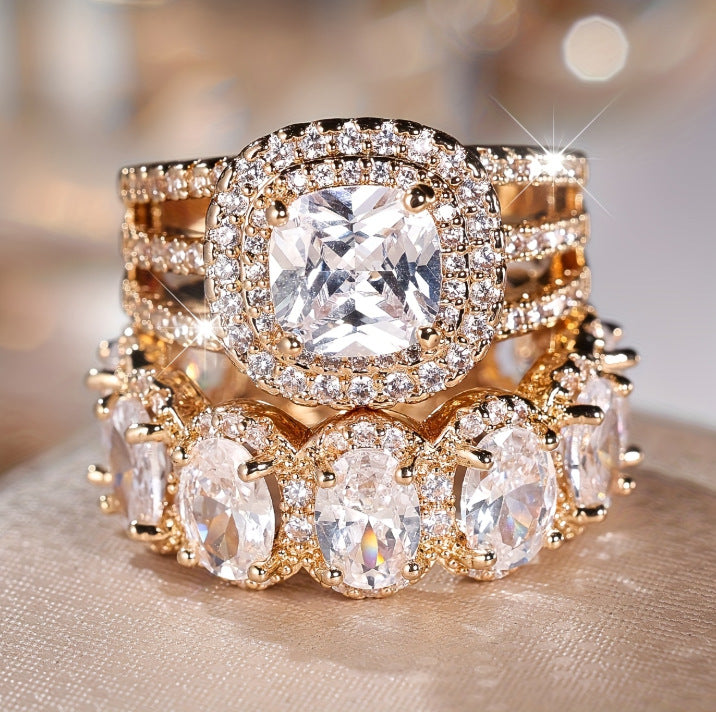 Luxury Two‑Piece Halo Ring Set, S925 Silver Multi‑Color Center Stone Women’s Engagement Ring Set in Gold & Silver Tone