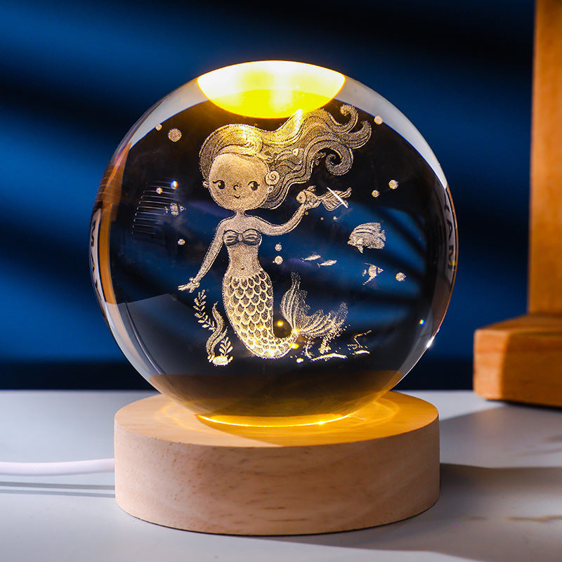 3D Laser Engraved Glowing Crystal Ball Ornament, Multi-Pattern Solid Wood Warm LED Base Night Light Gift