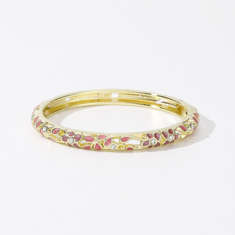 Hollow‑Out Enamel Floral Inlaid Diamond Spring‑Opening Bangle, Multi‑Color Options