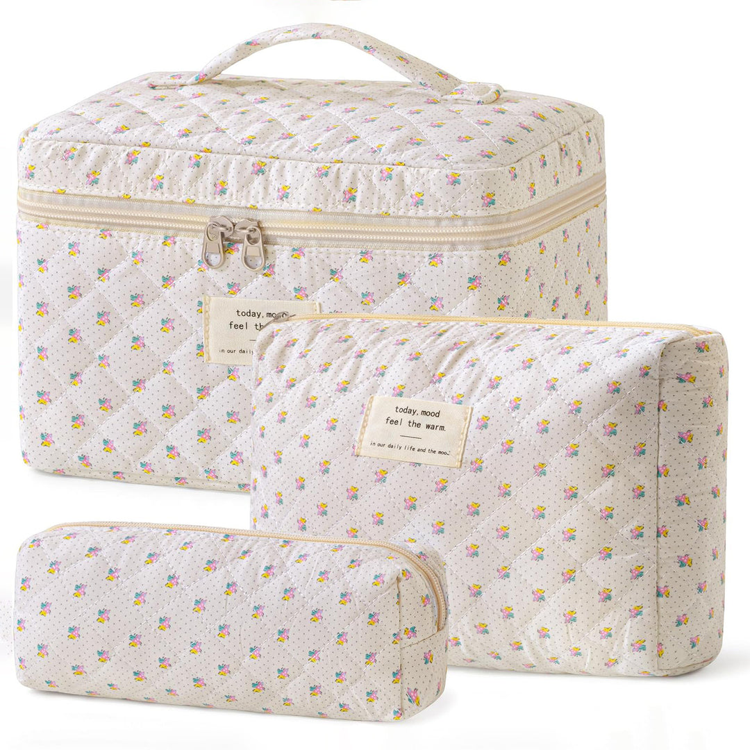 Floral Quilted 3-Piece Makeup Bag Set, Large Capacity Handheld Cosmetic Bag Portable Storage Pouch & Pencil Case Kit